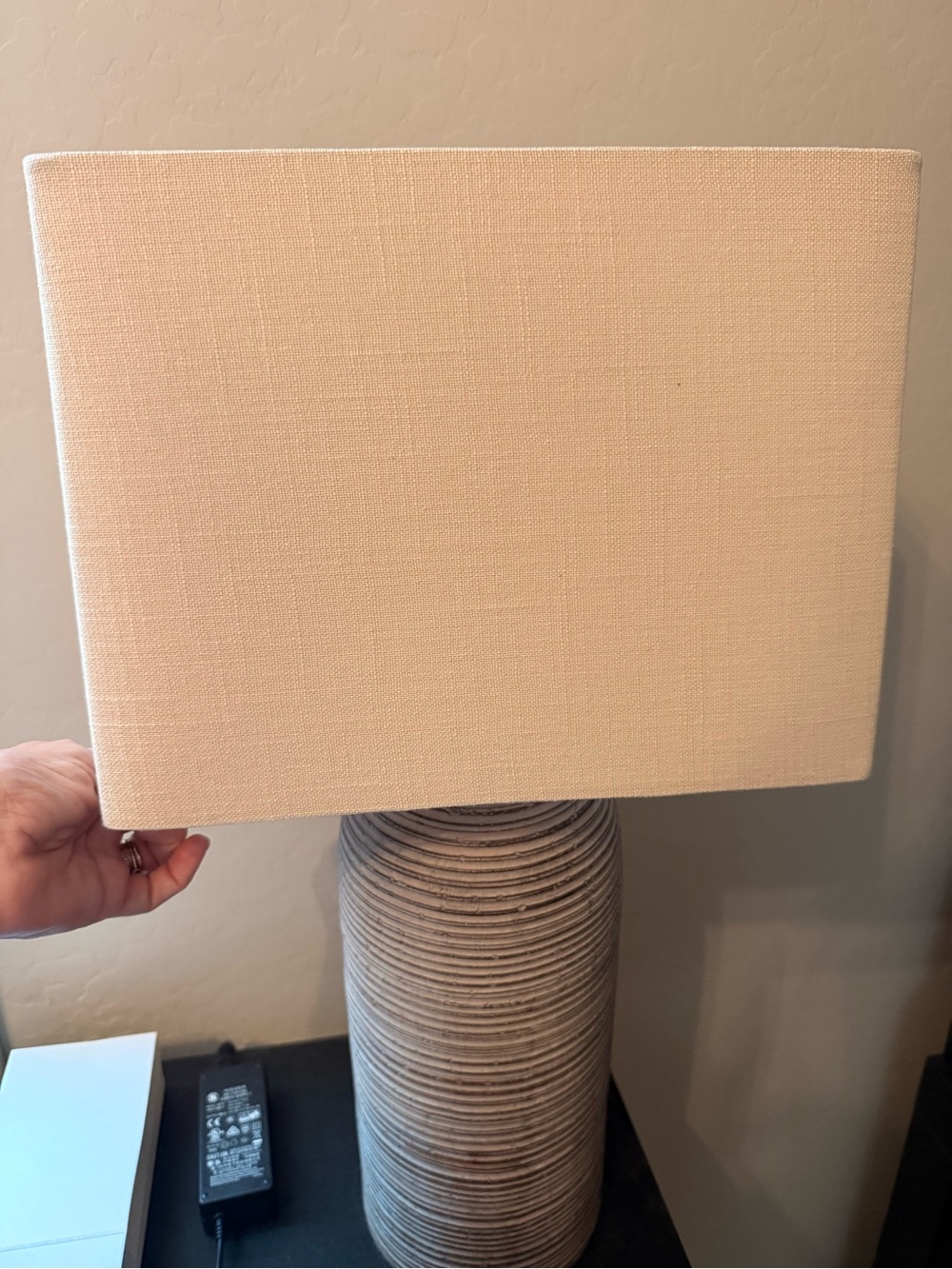 Pottery Barn Cream Rectangular Linen Shade Lamp with Textured Ceramic Base